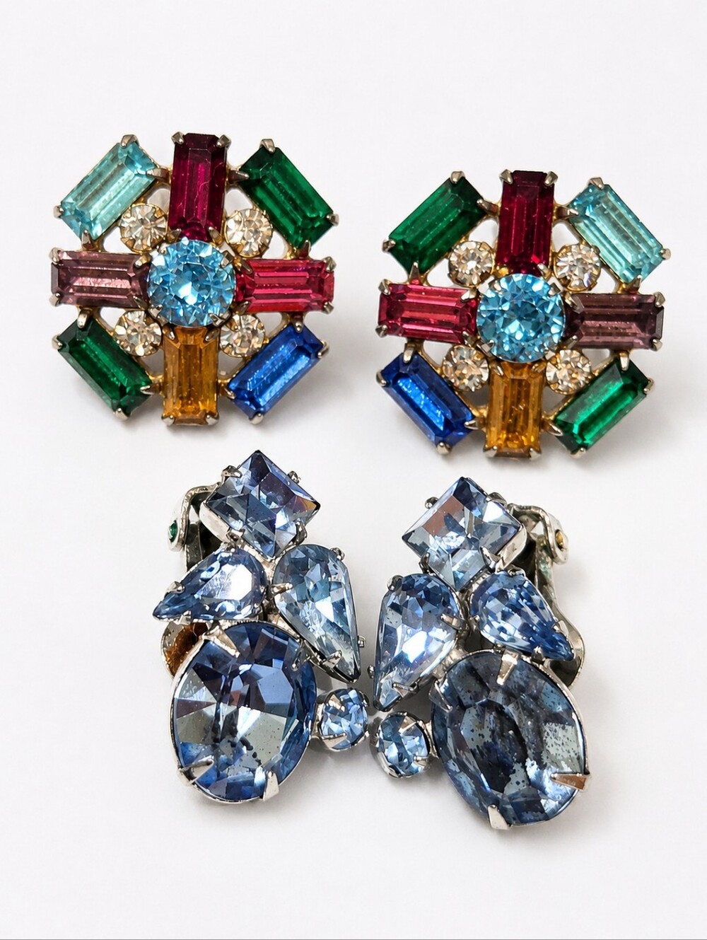 ✨ Vintage Mid-Century Rhinestone Earrings – 2 Pair Set✨